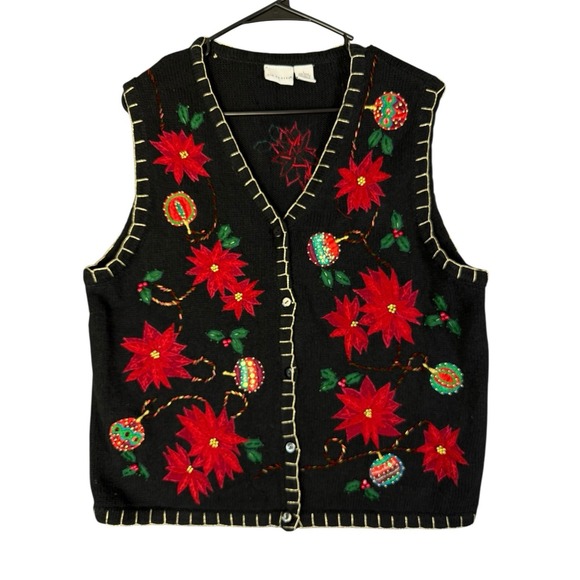 Vintage L Christmas Cardigan Sweater Vest Poinsettia Holiday Black Ramie Cotton - Picture 1 of 6